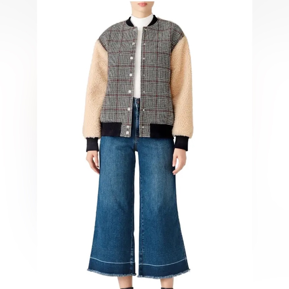 Carven Womens Plaid Teddy Manches Bomber Jacket Grey